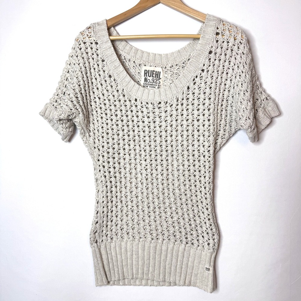 Ruehl 925 Open Knit Crochet Sweater Sz M Y2K Boho Dolman Casual Beach Retro